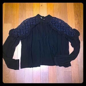 Free People Black Blouse Eyelet lace inset Small